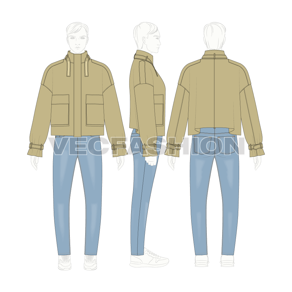 Mens Cropped Oversized Jacket flat sketch, croqui sketch