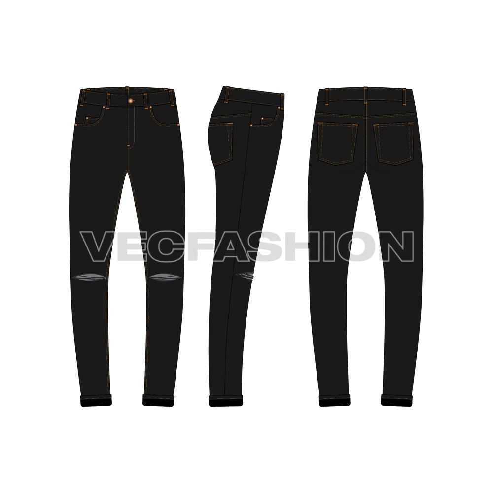 Mens Ripped denim jeans flat sketch-front, side and back views.