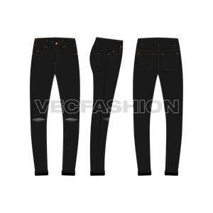 Mens Ripped denim jeans flat sketch-front, side and back views.