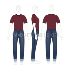 Mens denim jeans with turn-up cuffs flat sketch, showing all views on croqui