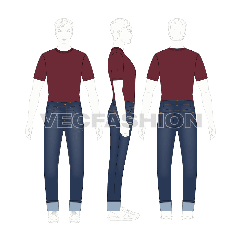 Mens denim jeans with turn-up cuffs flat sketch, showing all views on croqui
