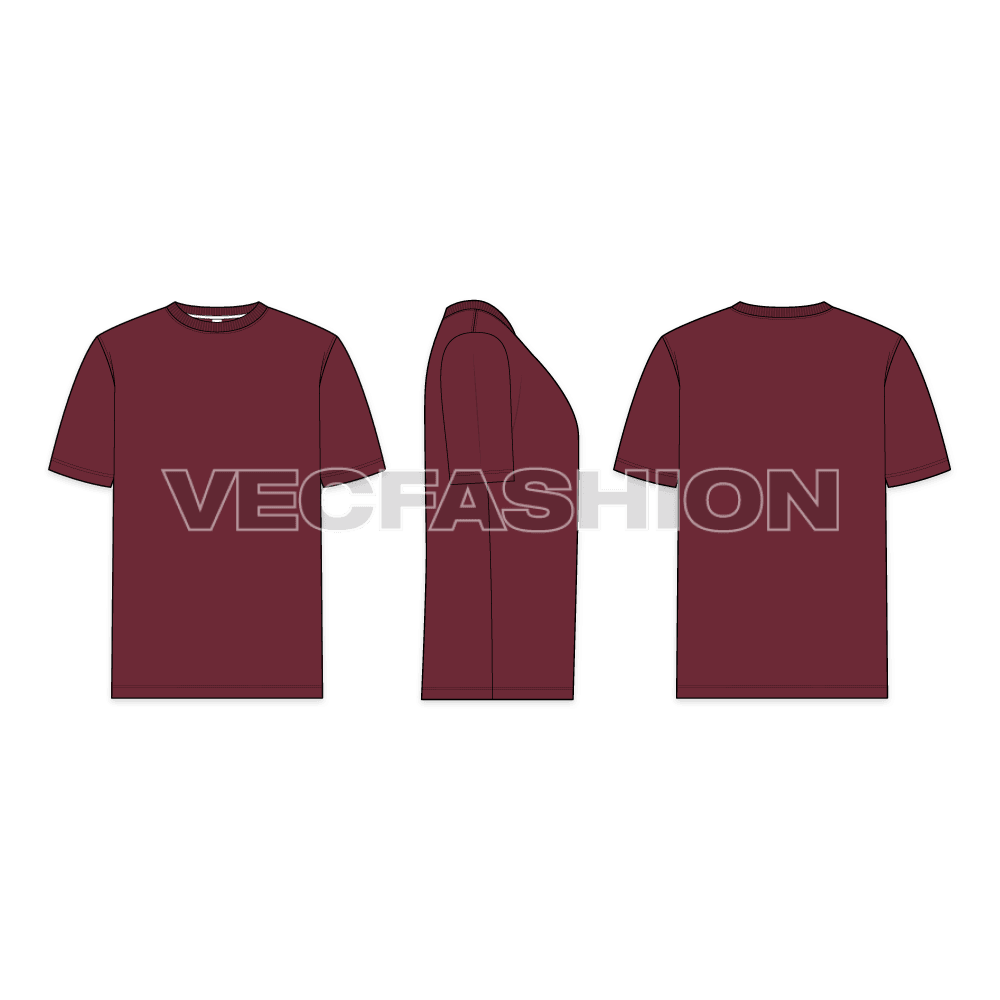 Mens t-shirt flat sketch, showing all views of the t-shirt