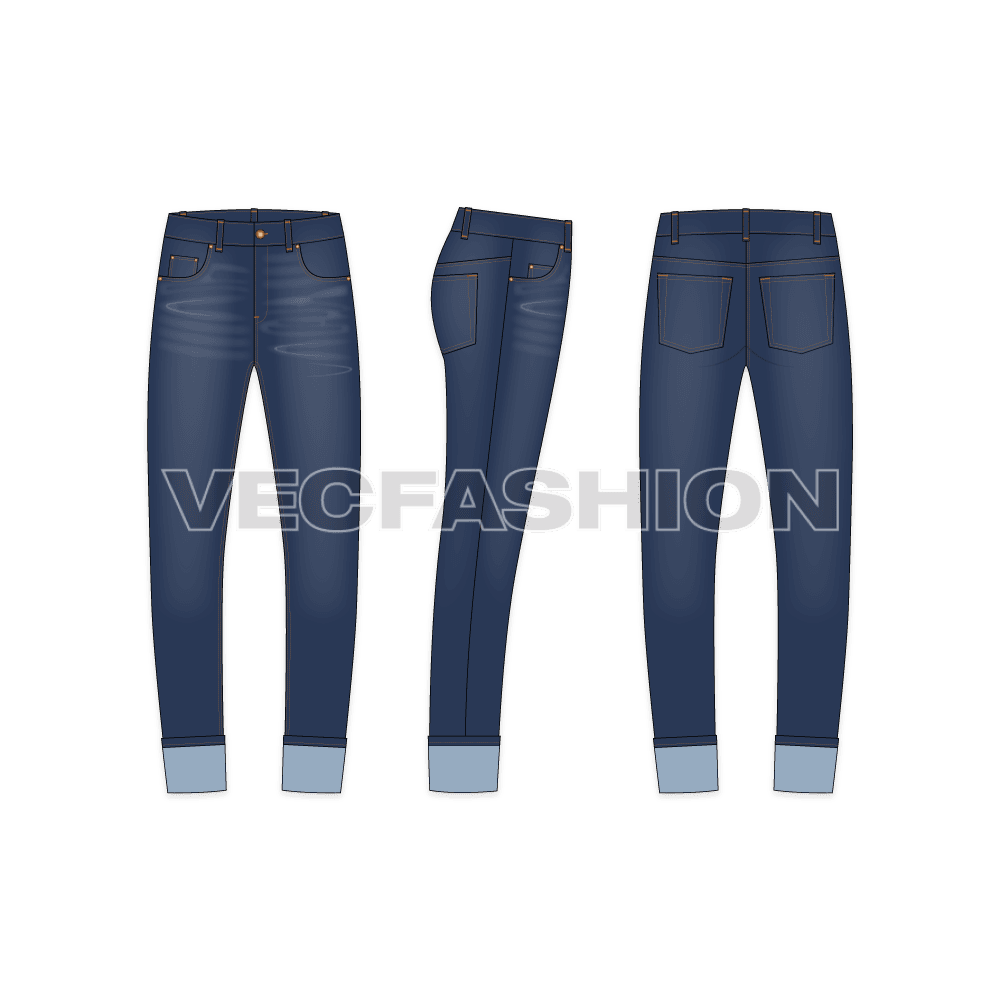 Mens denim jeans with turn-up cuffs flat sketch, showing front, side and back views.