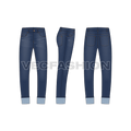 Mens denim jeans with turn-up cuffs flat sketch, showing front, side and back views.