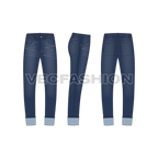 Mens denim jeans with turn-up cuffs flat sketch, showing front, side and back views.