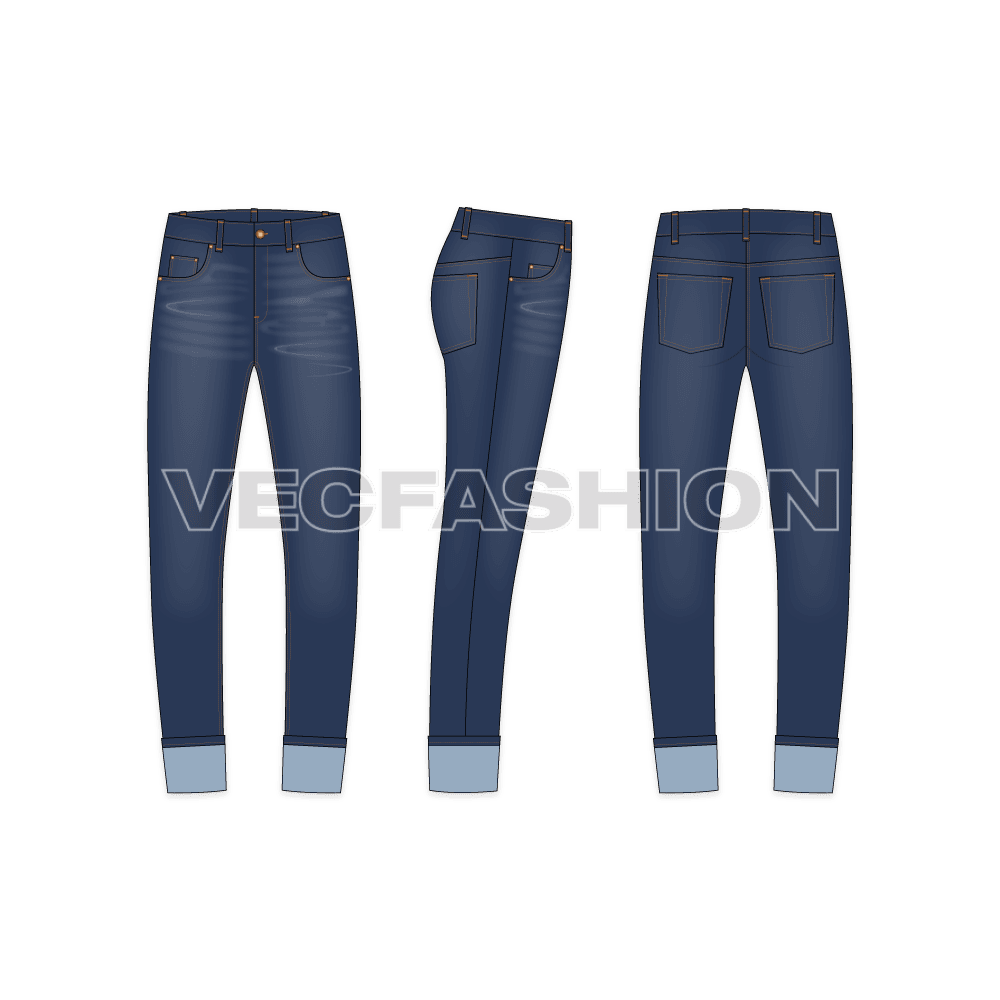 Mens Denim Jeans With Turn-Up Cuffs