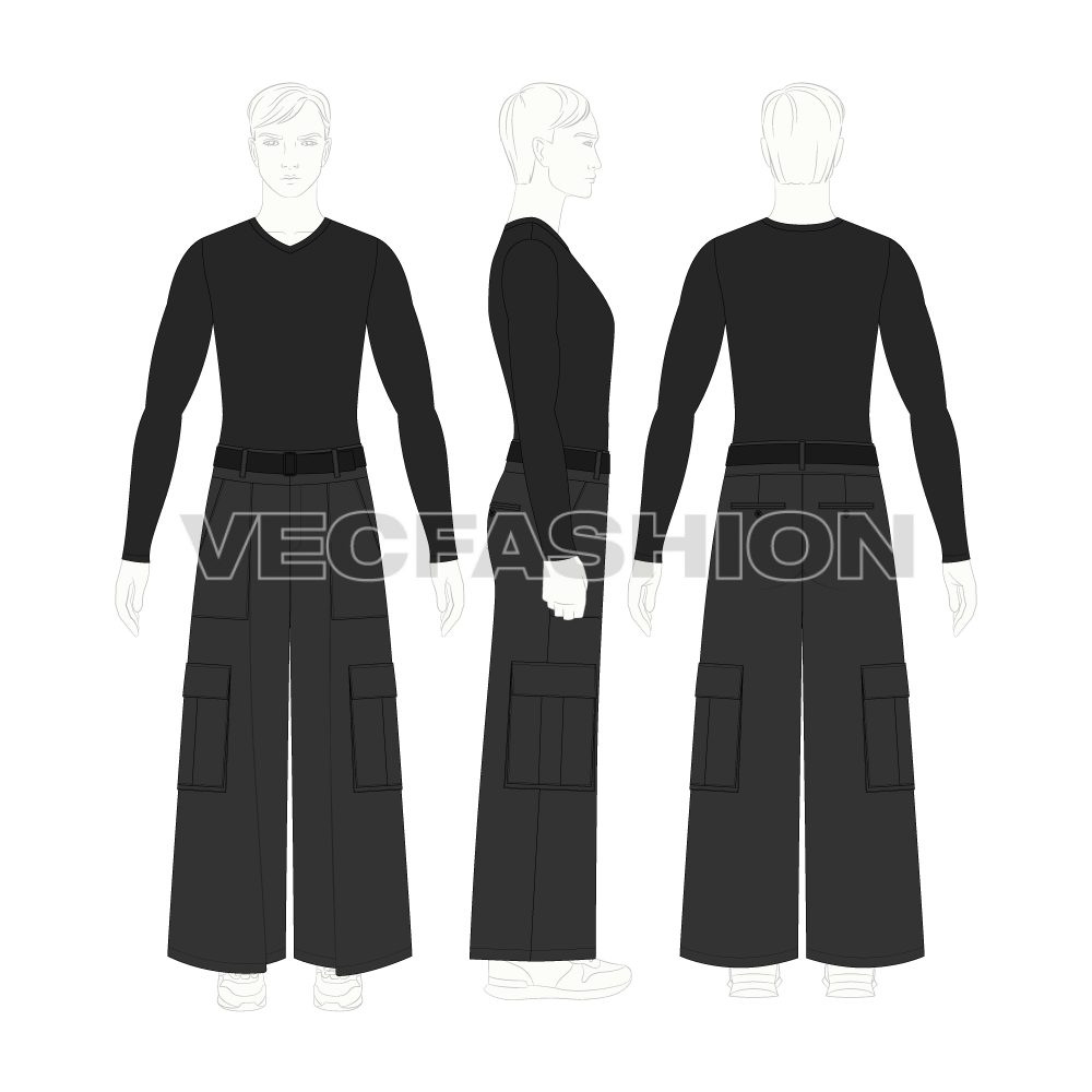 Mens High Waisted Wide Leg Cargo Pants Flat Sketch