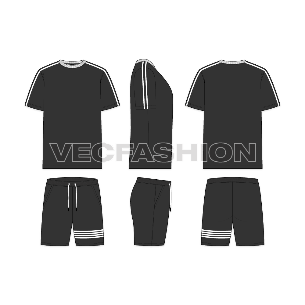 Mens loungewear set, striped sleeve flat sketch, showing all views, front, side and back