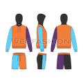 Mens loungewear set, color-blocked hoodie flat sketch, showing all views, front, side and back
