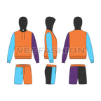 Mens loungewear set, color-blocked hoodie flat sketch, showing all views, front, side and back