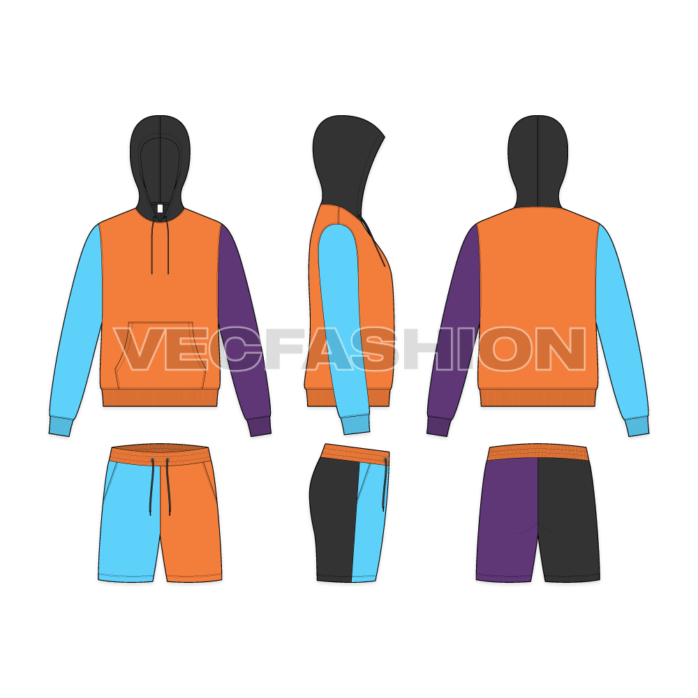 Mens loungewear set, color-blocked hoodie flat sketch, showing all views, front, side and back