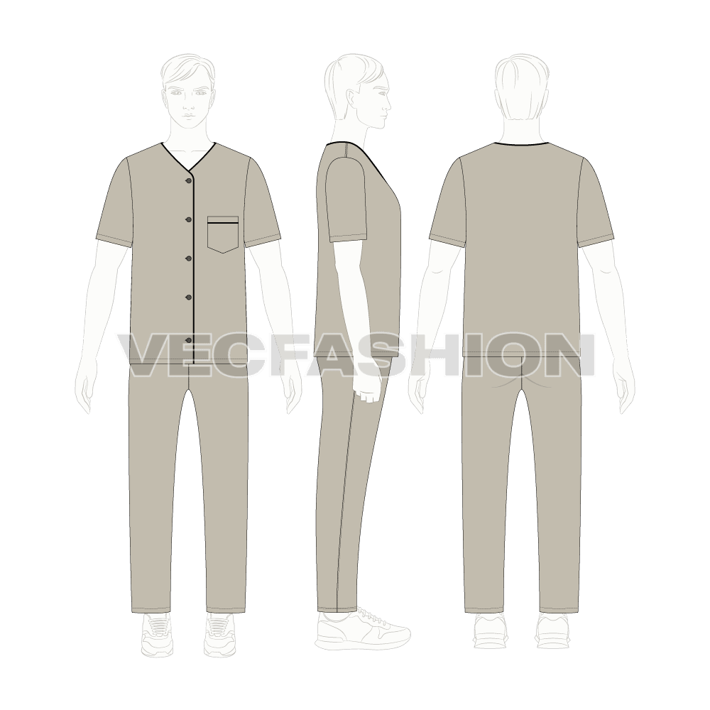 Mens loungewear set, v-neck shirt flat sketch, on croqui