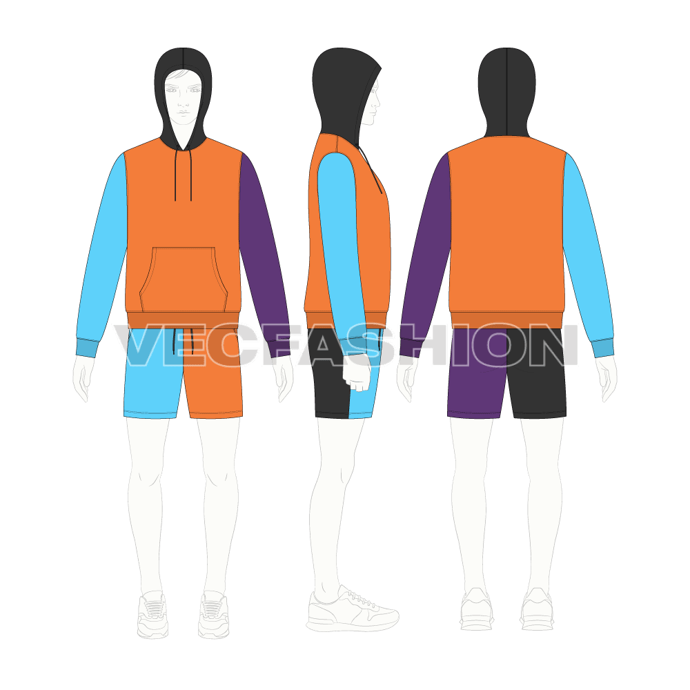 Mens loungewear set, color-blocked hoodie flat sketch, on croqui