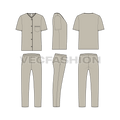 Mens loungewear set, v-neck shirt flat sketch, showing all views, front, side and back