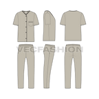 Mens loungewear set, v-neck shirt flat sketch, showing all views, front, side and back