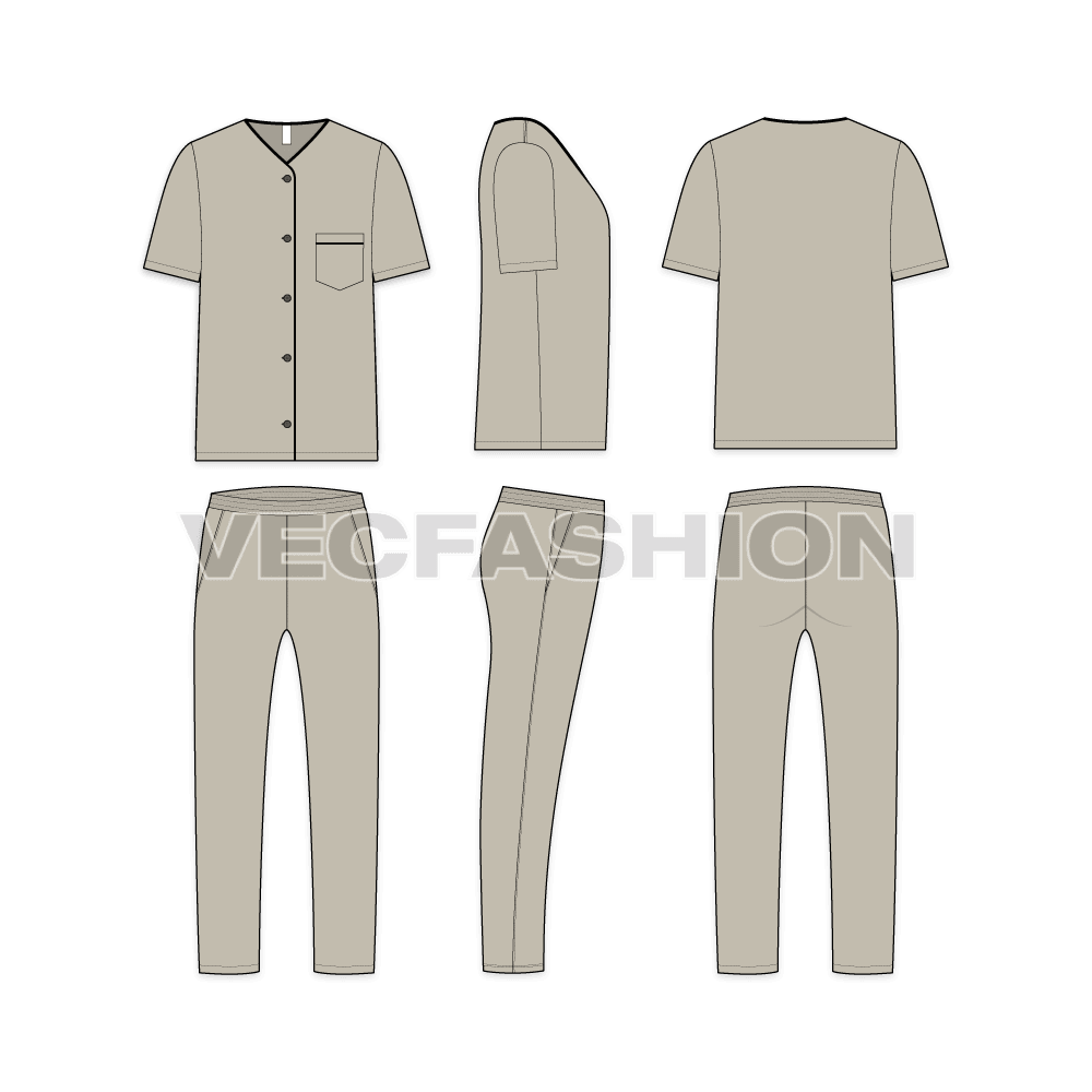 Mens loungewear set, v-neck shirt flat sketch, showing all views, front, side and back