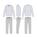 Mens loungewear set, nautical stripe flat sketch, showing all views, front, side and back