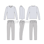 Mens loungewear set, nautical stripe flat sketch, showing all views, front, side and back