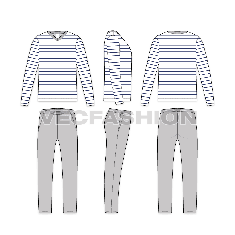 Mens loungewear set, nautical stripe flat sketch, showing all views, front, side and back