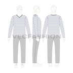 Mens loungewear set, nautical stripe flat sketch, on croqui