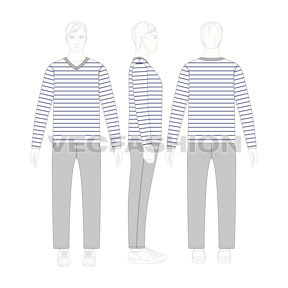 Mens loungewear set, nautical stripe flat sketch, on croqui