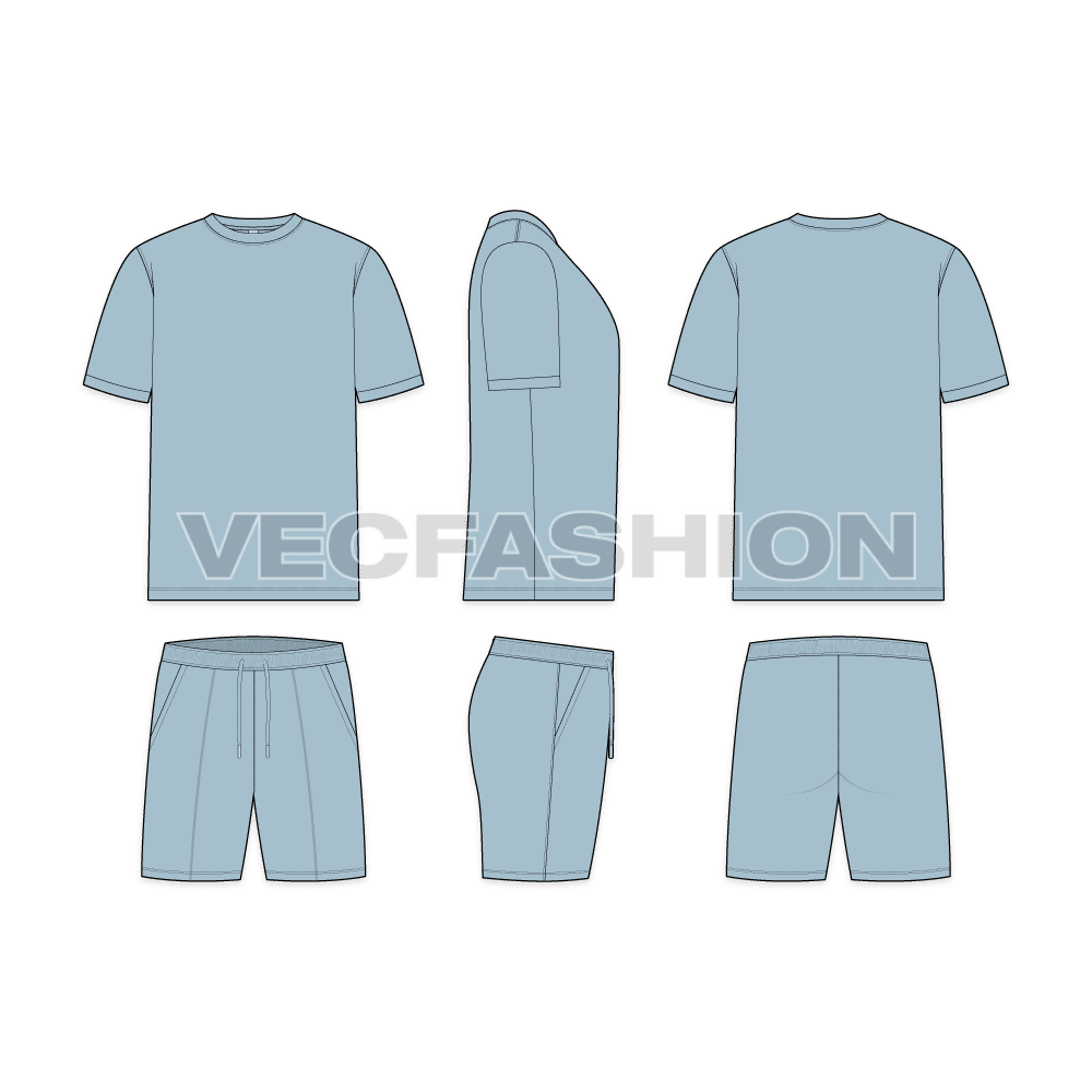 Mens loungewear clothing set flat sketch, showing all views, front, side and back