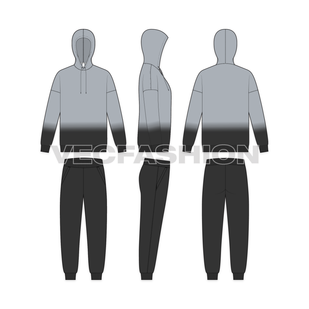 Mens Oversized Hoodie with Track Pants Flat Sketch, showing front, side and back views.