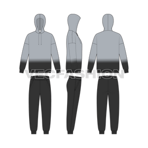 Mens Oversized Hoodie with Track Pants Flat Sketch, showing front, side and back views.