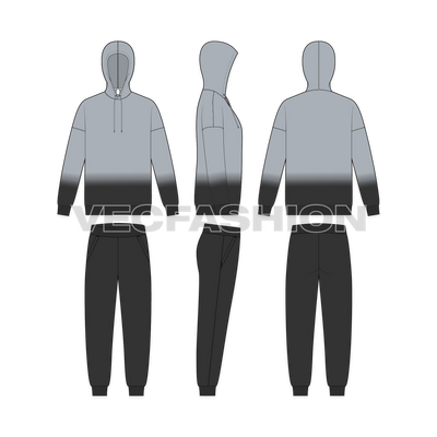 Mens Oversized Hoodie with Track Pants Flat Sketch, showing front, side and back views.