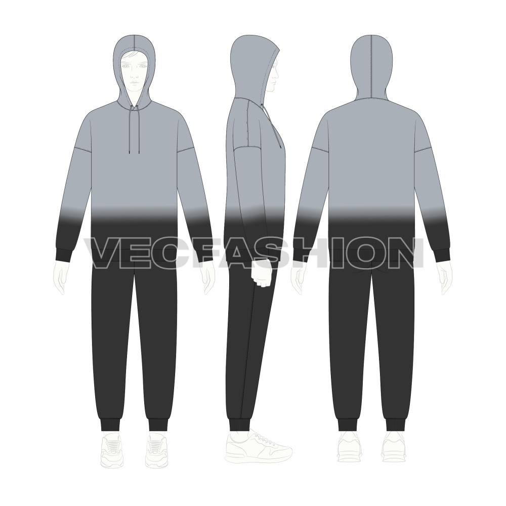 Mens Oversized Hoodie with Track Pants Flat Sketch on croqui