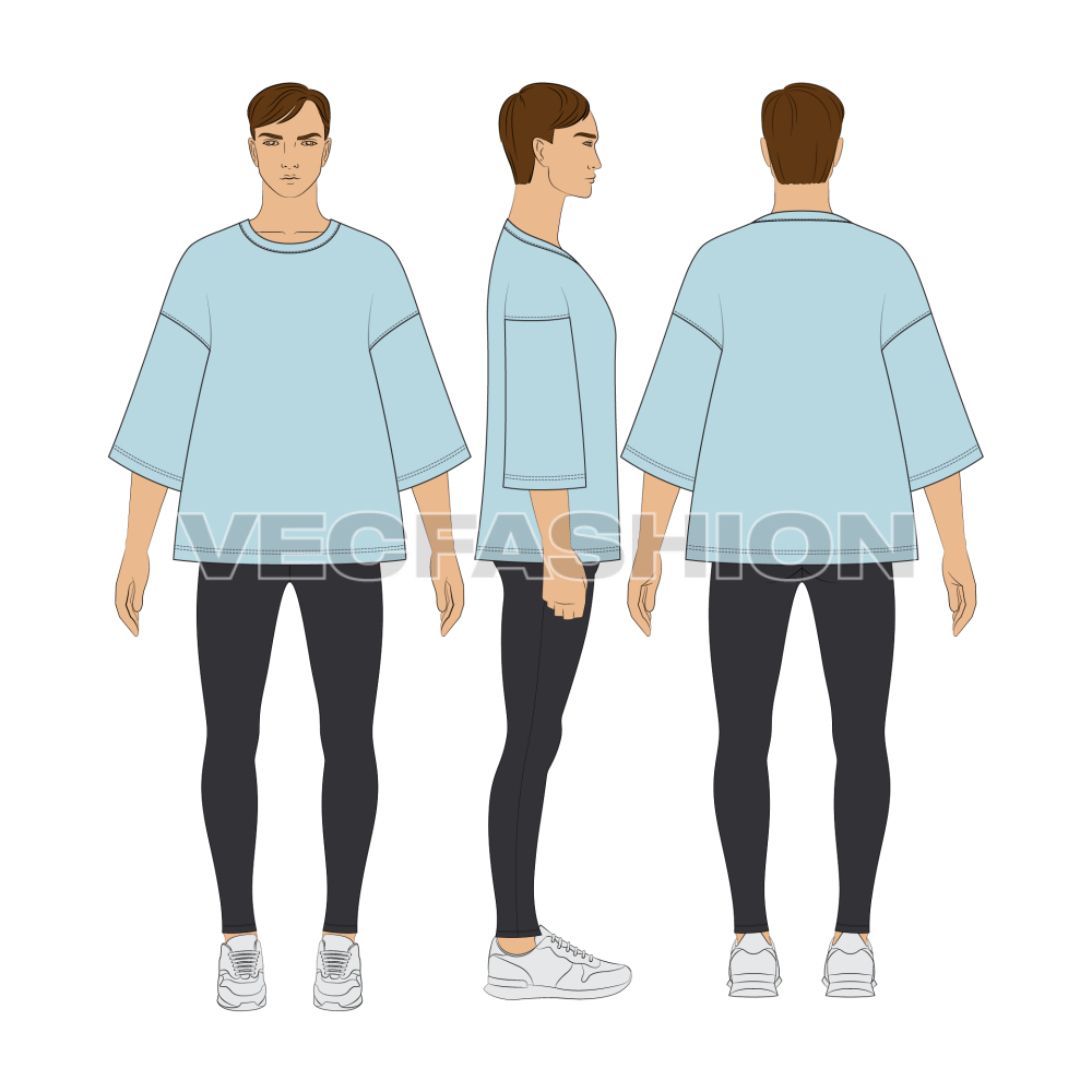 Mens Oversized Tee Free Flat Sketch-showing all views on croqui