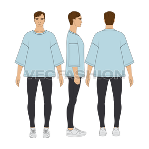 Mens Oversized Tee Free Flat Sketch-showing all views on croqui
