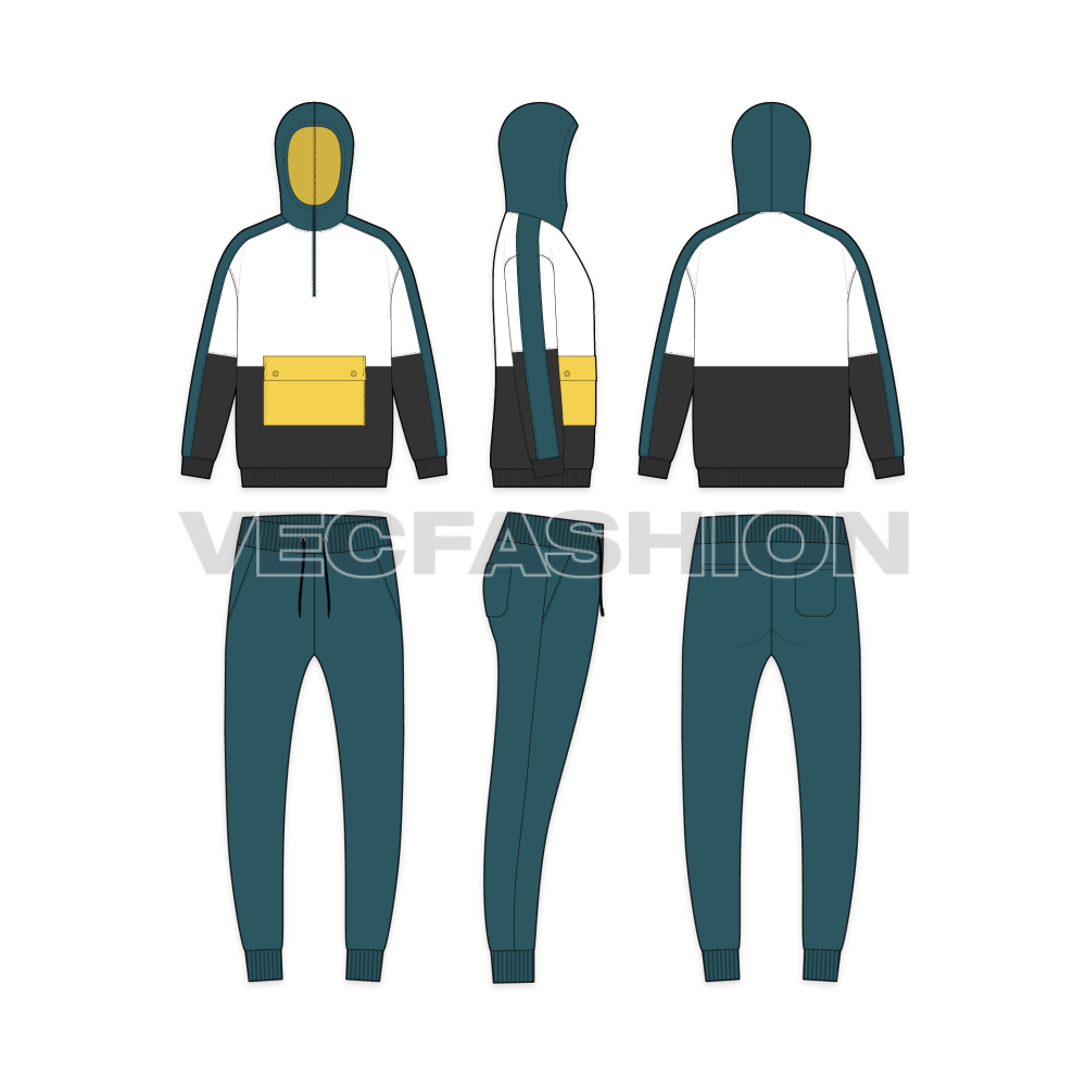 Mens Oversized Windbreaker Suit Flat Sketch-front, side and back views.