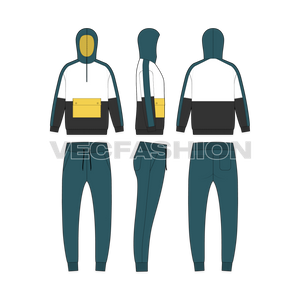 Mens Oversized Windbreaker Suit Flat Sketch-front, side and back views.