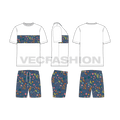 Mens printed short set flat sketch, showing all views, front, side and back