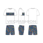 Mens printed short set flat sketch, showing all views, front, side and back