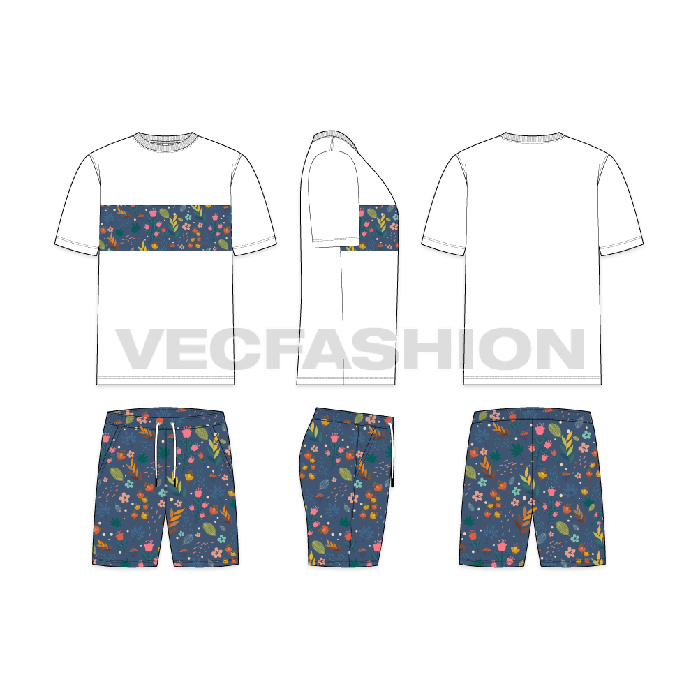 Mens printed short set flat sketch, showing all views, front, side and back