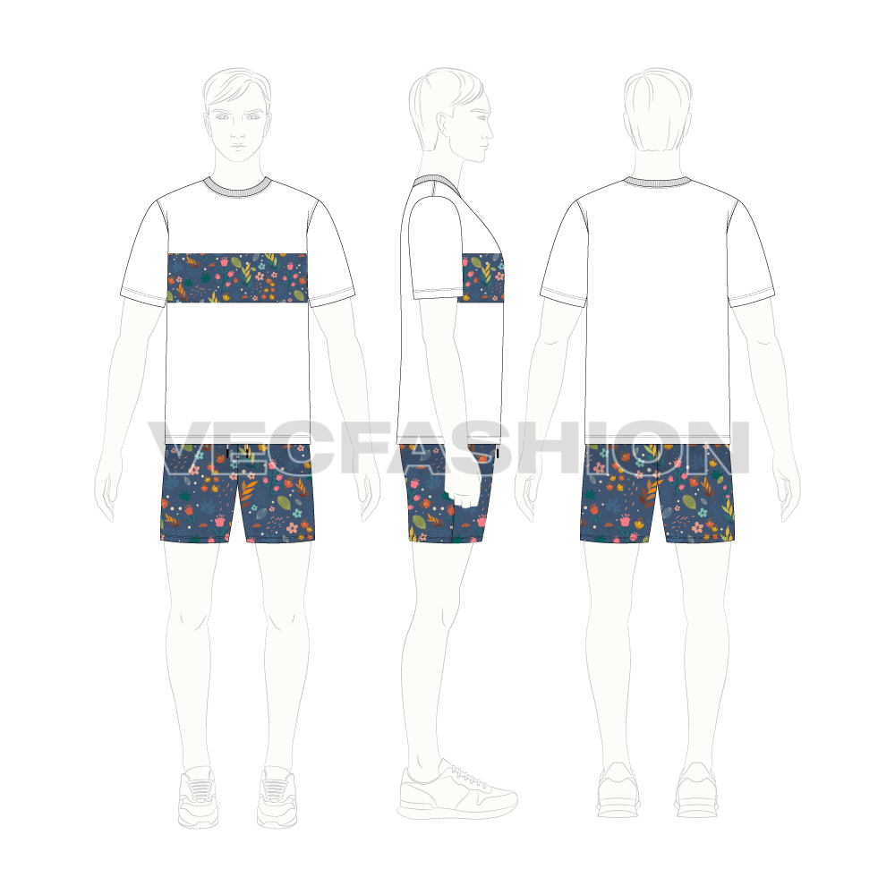Mens printed short set flat sketch, on croqui