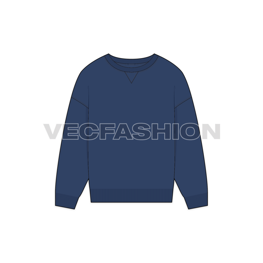 A flat vector illustration of a crewneck sweater in dark navy blue, showing front view with v-insert near neckline.