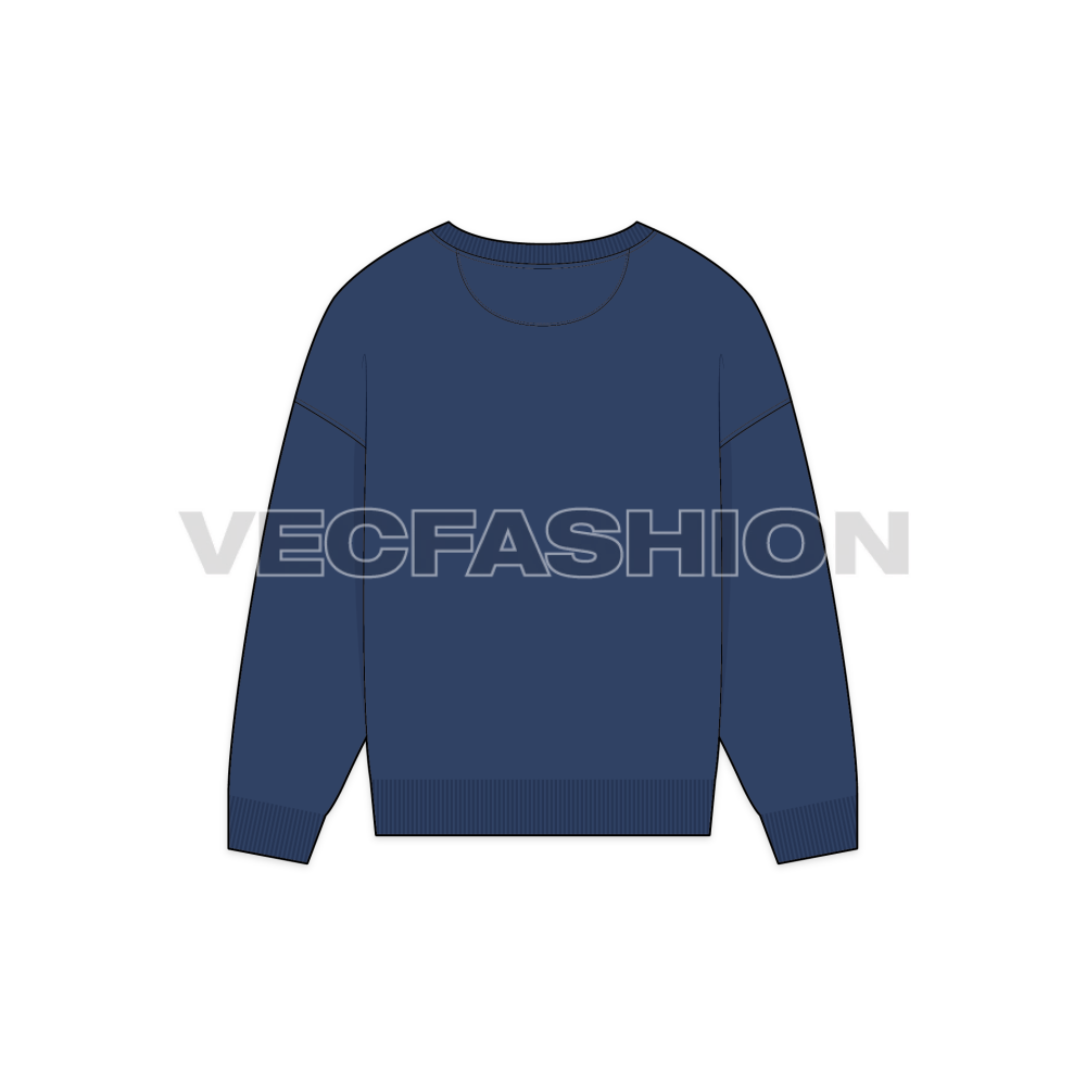 A flat vector illustration of a crewneck sweater in dark navy blue, showing back with fine rib on the neck, sleeve cuffs and bottom hem.