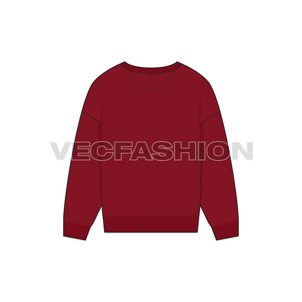 A flat vector illustration of a crewneck sweater in a deep burgundy red, showing back view of the garment cad.