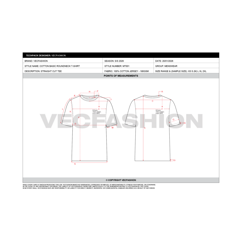 Mens Round Neck T-shirt Tech pack Template - POM or Points Of Measure sheet