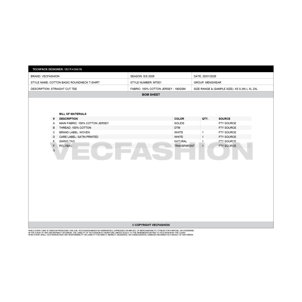 Mens Round Neck T-shirt Tech pack Template - BOM sheet