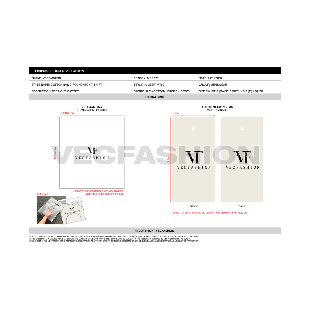 Mens Round Neck T-shirt Tech pack Template - packaging sheet