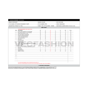 Mens Round Neck T-shirt Tech pack Template - Full Grading Size Chart or Specs