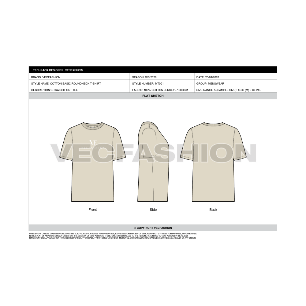 Mens Round Neck T-shirt Tech pack Template - design sheet