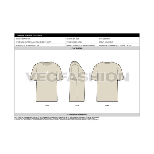 Mens Round Neck T-shirt Tech pack Template - design sheet