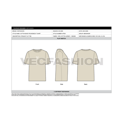 Mens Round Neck T-shirt Tech pack Template - design sheet