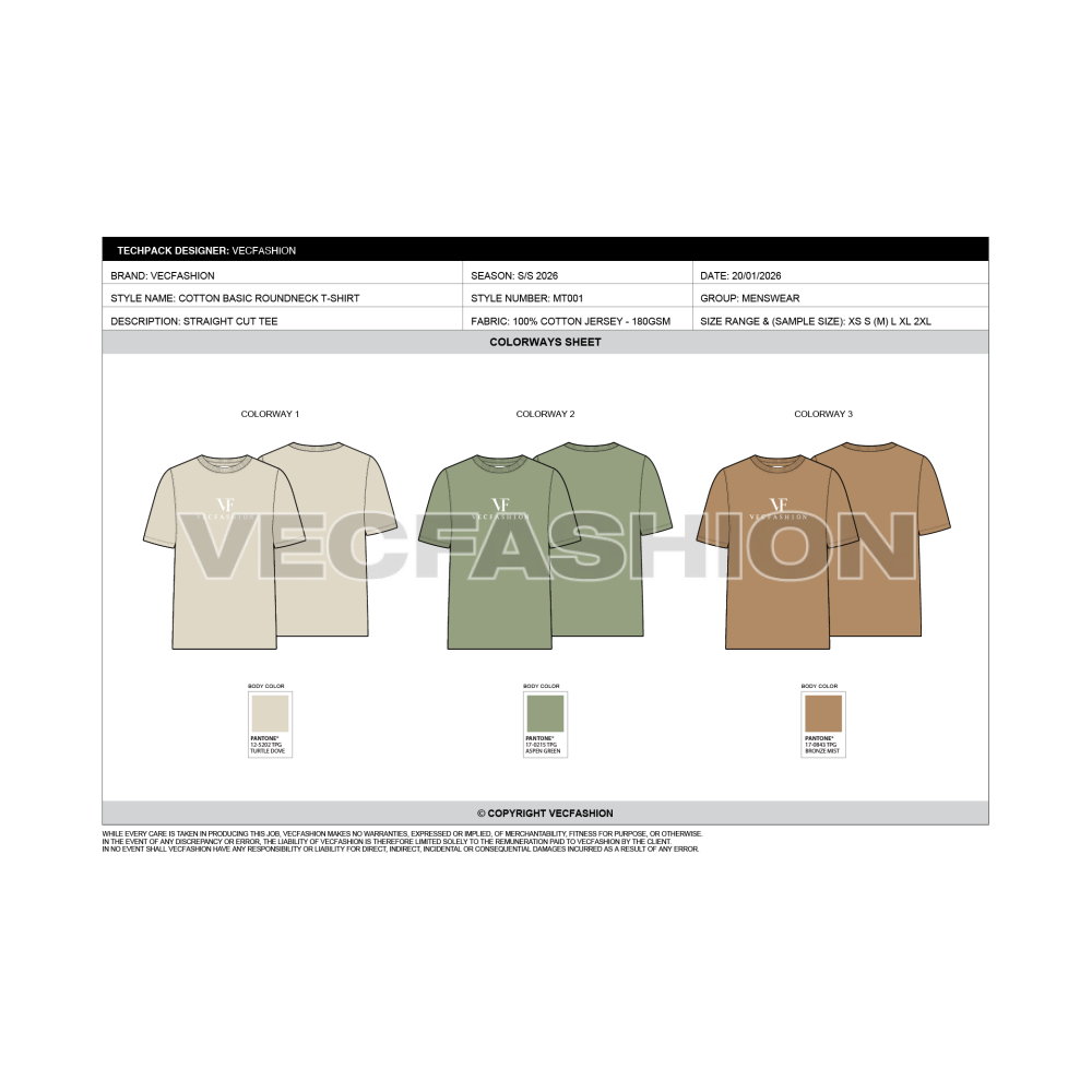 Mens Round Neck T-shirt Tech pack Template - colorways sheet