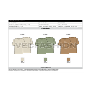 Mens Round Neck T-shirt Tech pack Template - colorways sheet
